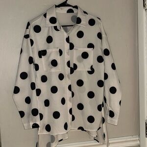 White & Black Polkadot Print Women’s Buttons up Shirt